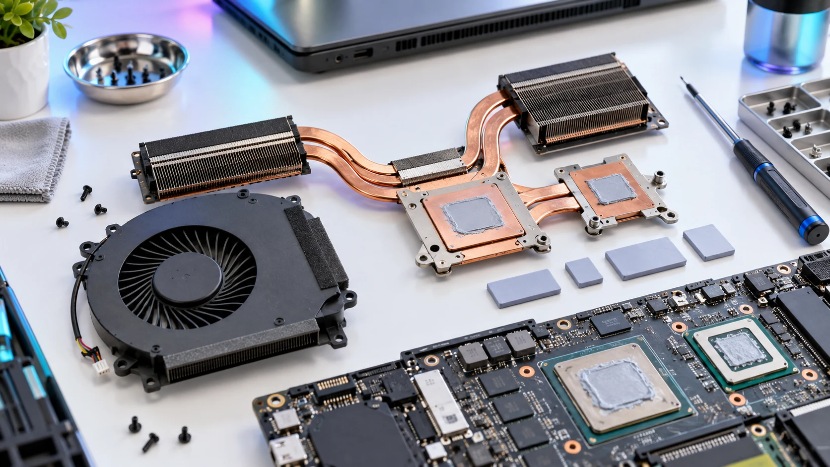Laptop soğutma bloğu, fan ve termal padlerin birlikte çalıştığı yapı.
